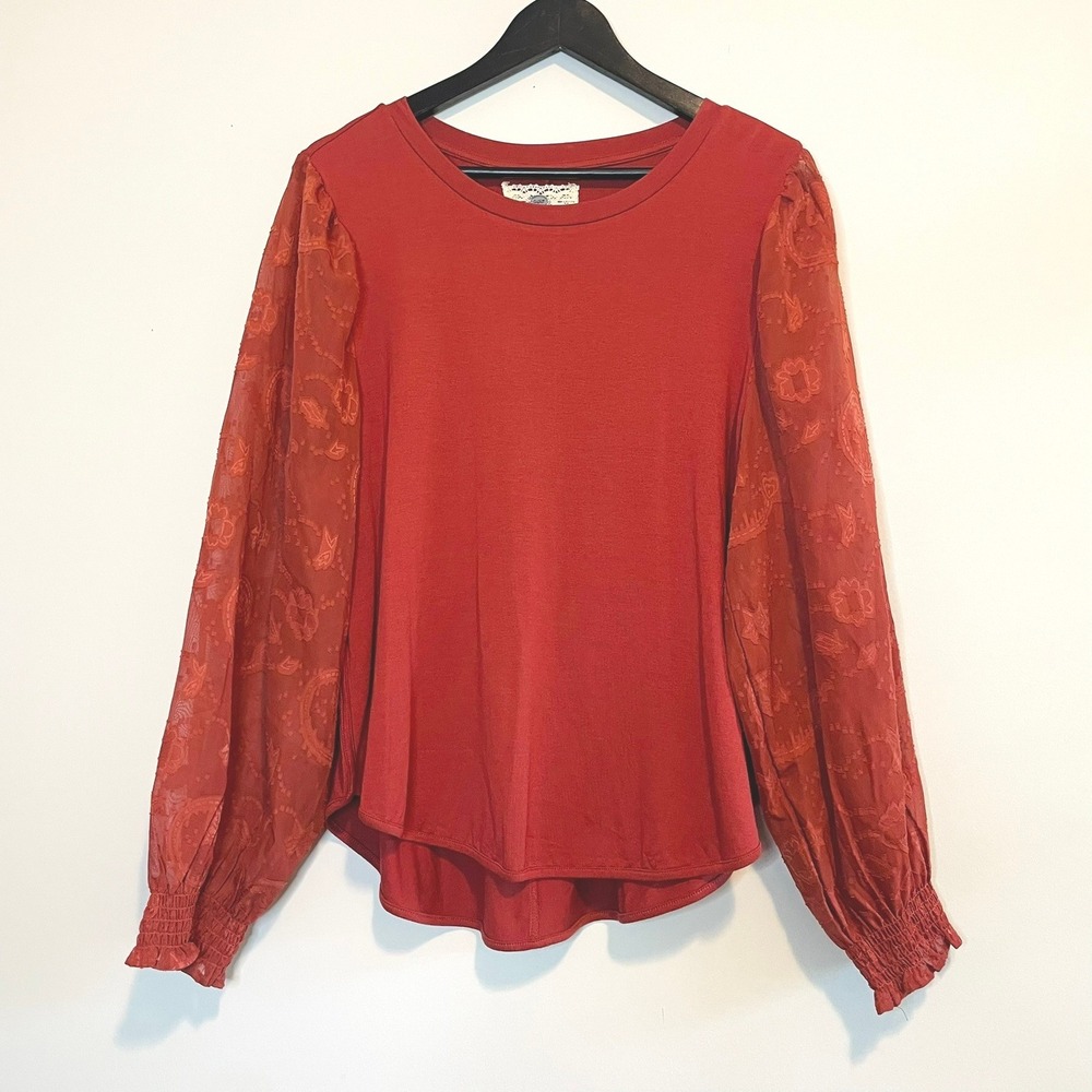 NEW Cupio Boho‎ Burnt Orange Embroidered Sheer Sleeve Womens Cottage Top XL